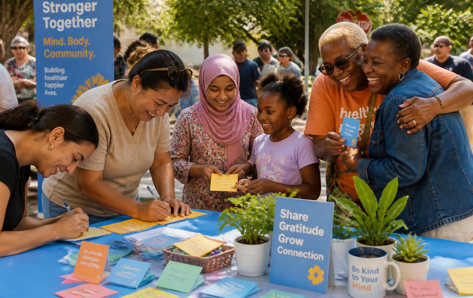 Community members gathered around the H360 Joy Table, writing gratitude cards and laughing together
